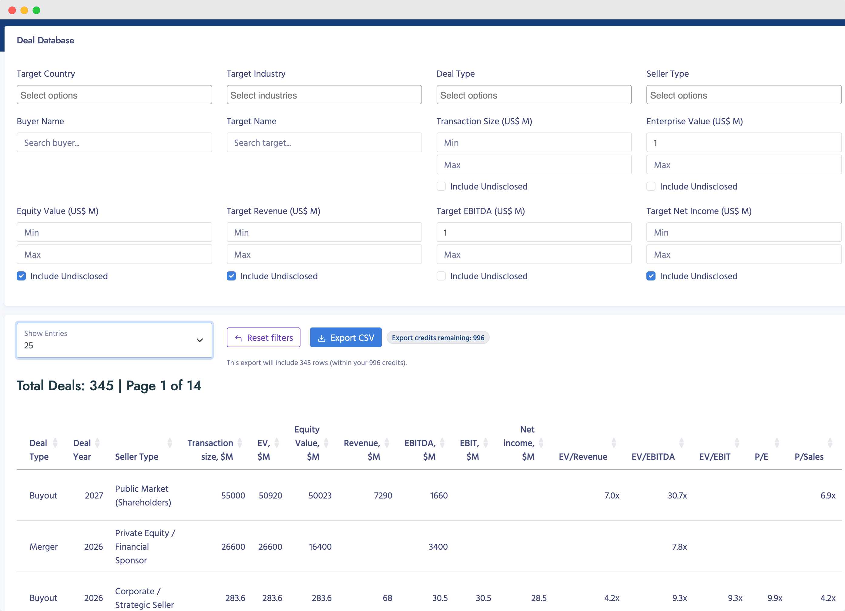 Dealert valuation comps screenshot