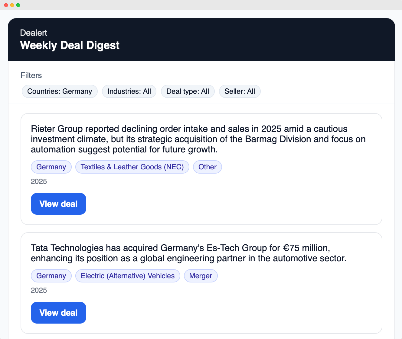 Dealert M&A deal tracker screenshot